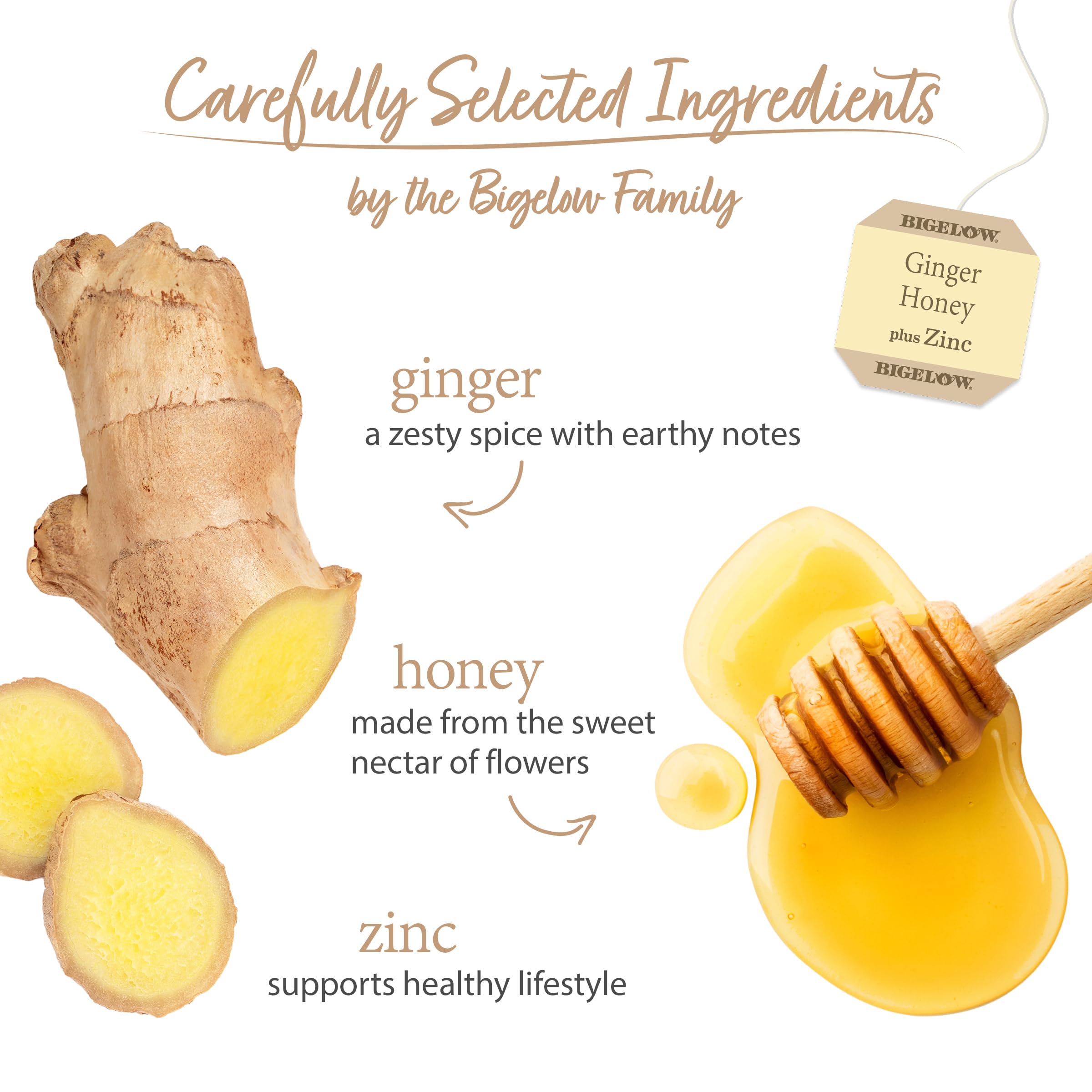 Bigelow Ginger Honey plus Zinc foil-wrapped bags preserve peak freshness.