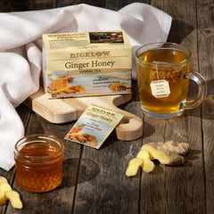 Bigelow Ginger Honey plus Zinc steeping cup with fragrant steam and cozy aroma.