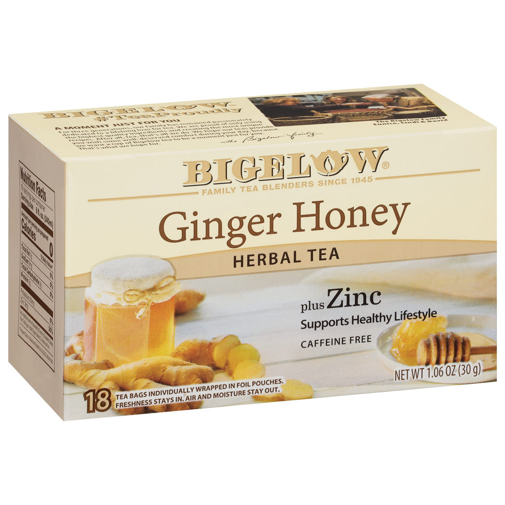 Bigelow Ginger Honey plus Zinc tea bags ready for brew, caffeine-free.