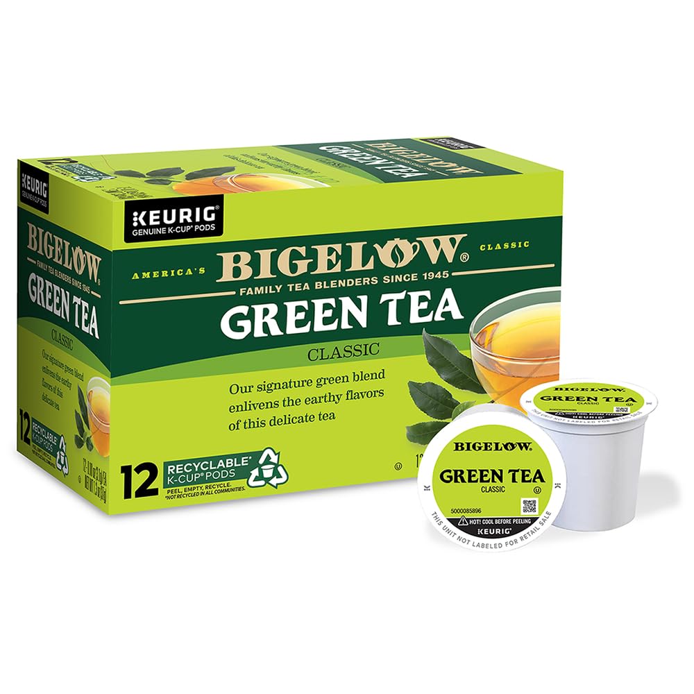 Bigelow Tea Green Tea K-Cup pods box for quick single-serve brewing.