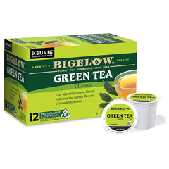 Bigelow Tea Green Tea K-Cup pods box for quick single-serve brewing.