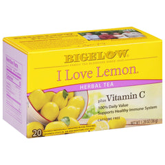Bigelow I Love Lemon with Vitamin C tea box front for daily refreshment.