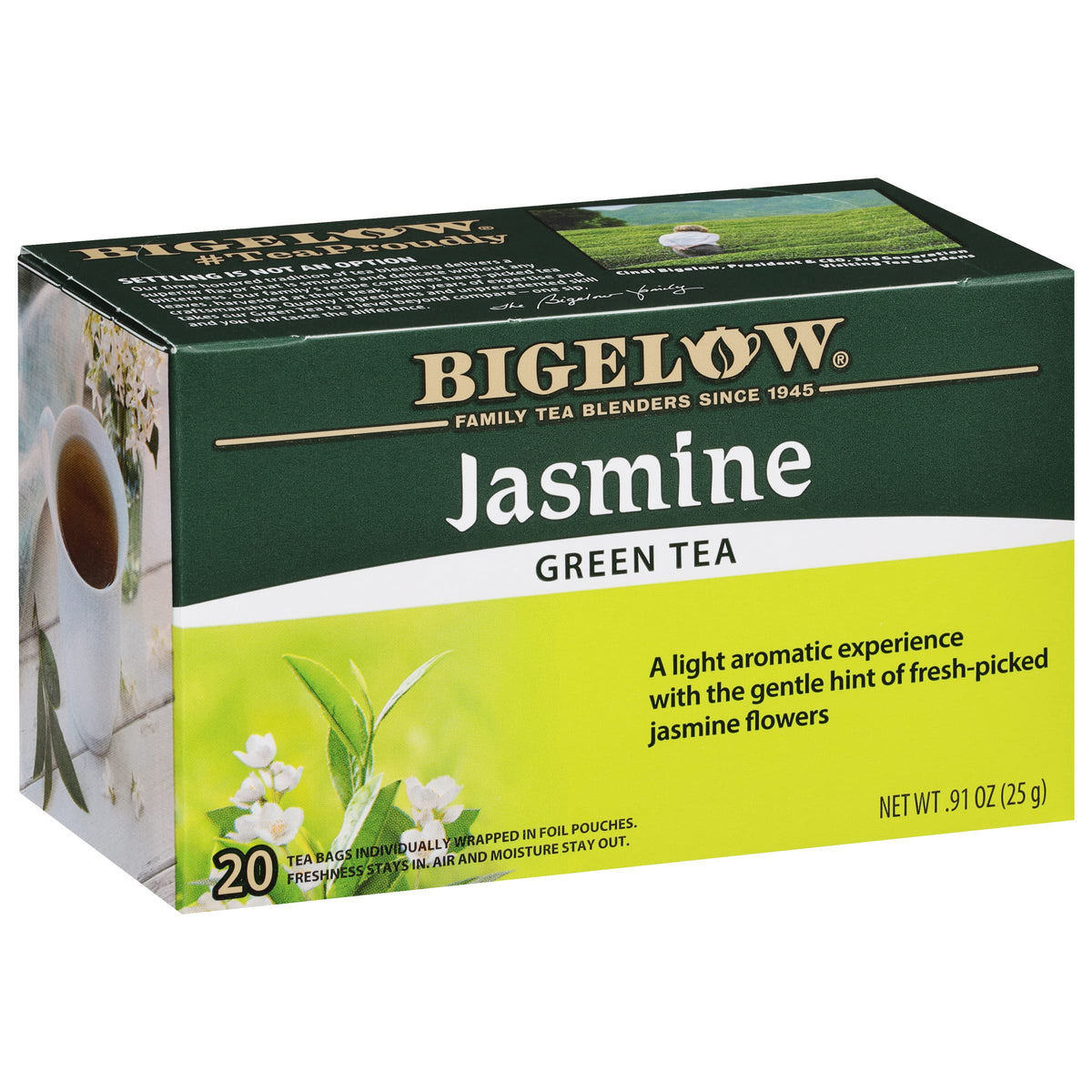 Bigelow Jasmine Green Tea bags in a box showing fragrant jasmine flavor