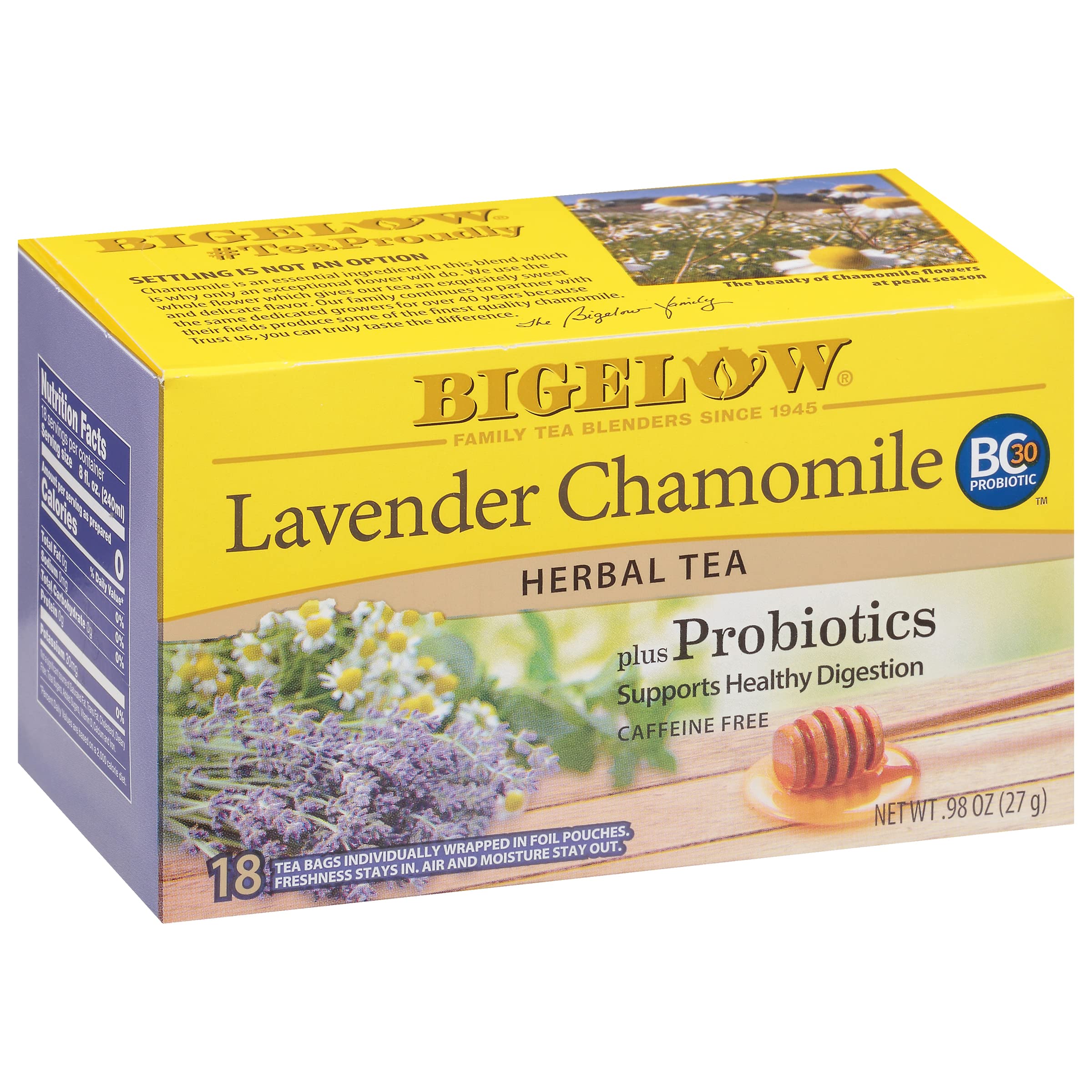 Bigelow Lavender Chamomile Plus Probiotics tea bag close-up for calming evenings