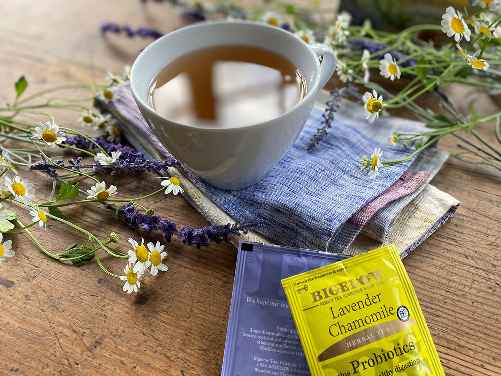 Tea bags from Bigelow Lavender Chamomile Plus Probiotics, individually wrapped to preserve freshness