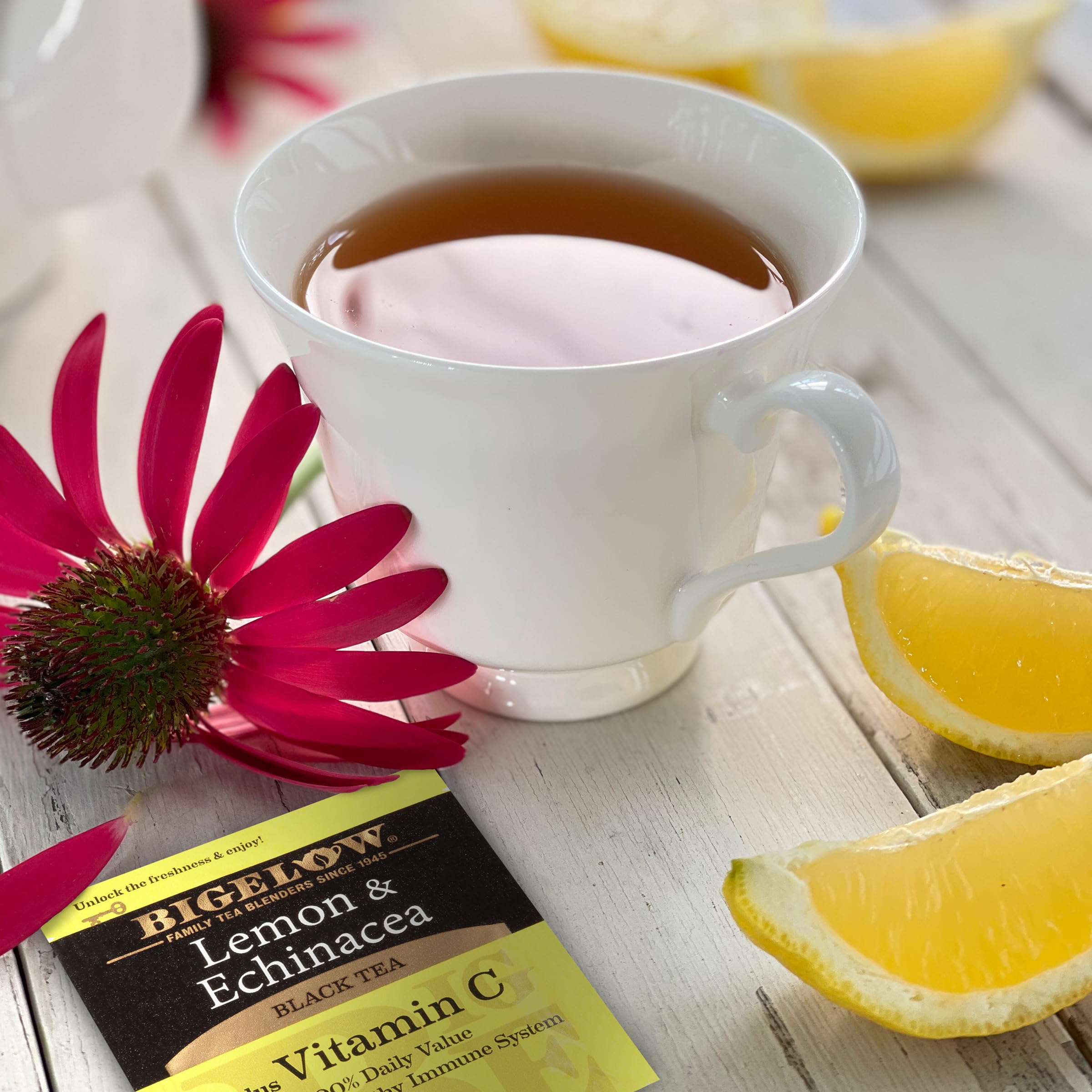 Bigelow Lemon and Echinacea Black Tea cup steeping with bright citrus aroma