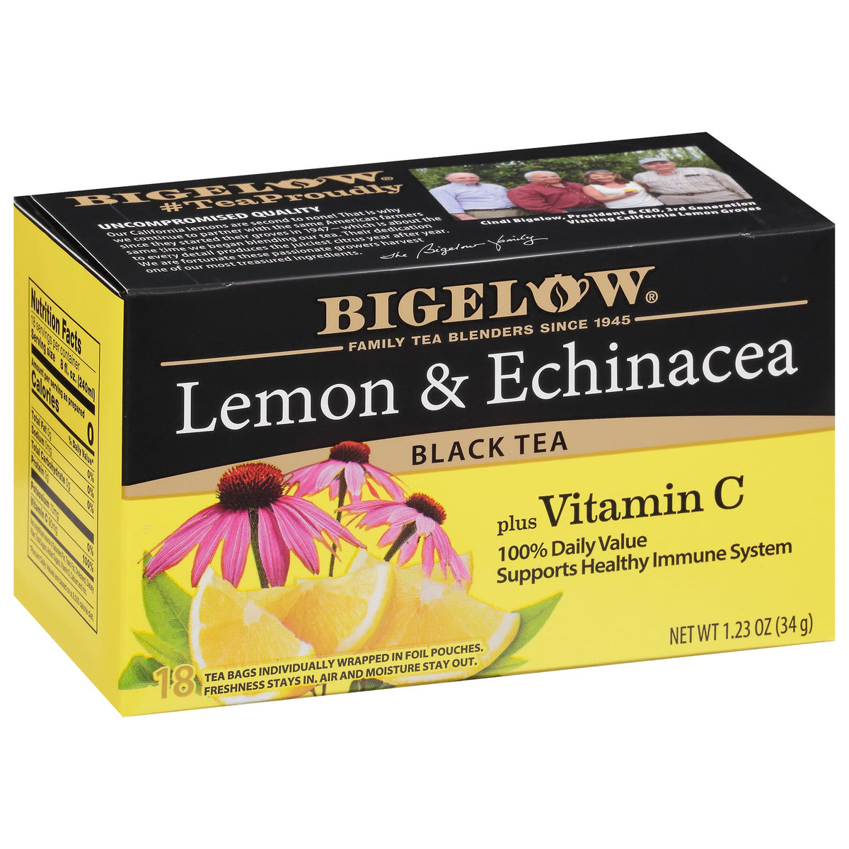 Bigelow Tea Lemon and Echinacea Black Tea bags ready to brew with a citrus twist