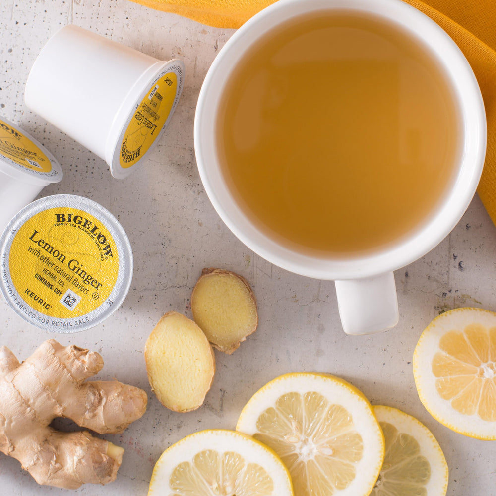 Bigelow Lemon Ginger K-Cup box image showing pack of 72 pods for busy mornings.