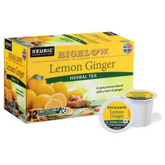 Bigelow Lemon Ginger K-Cup pod close-up for convenient, caffeine-free citrus infusion at home.