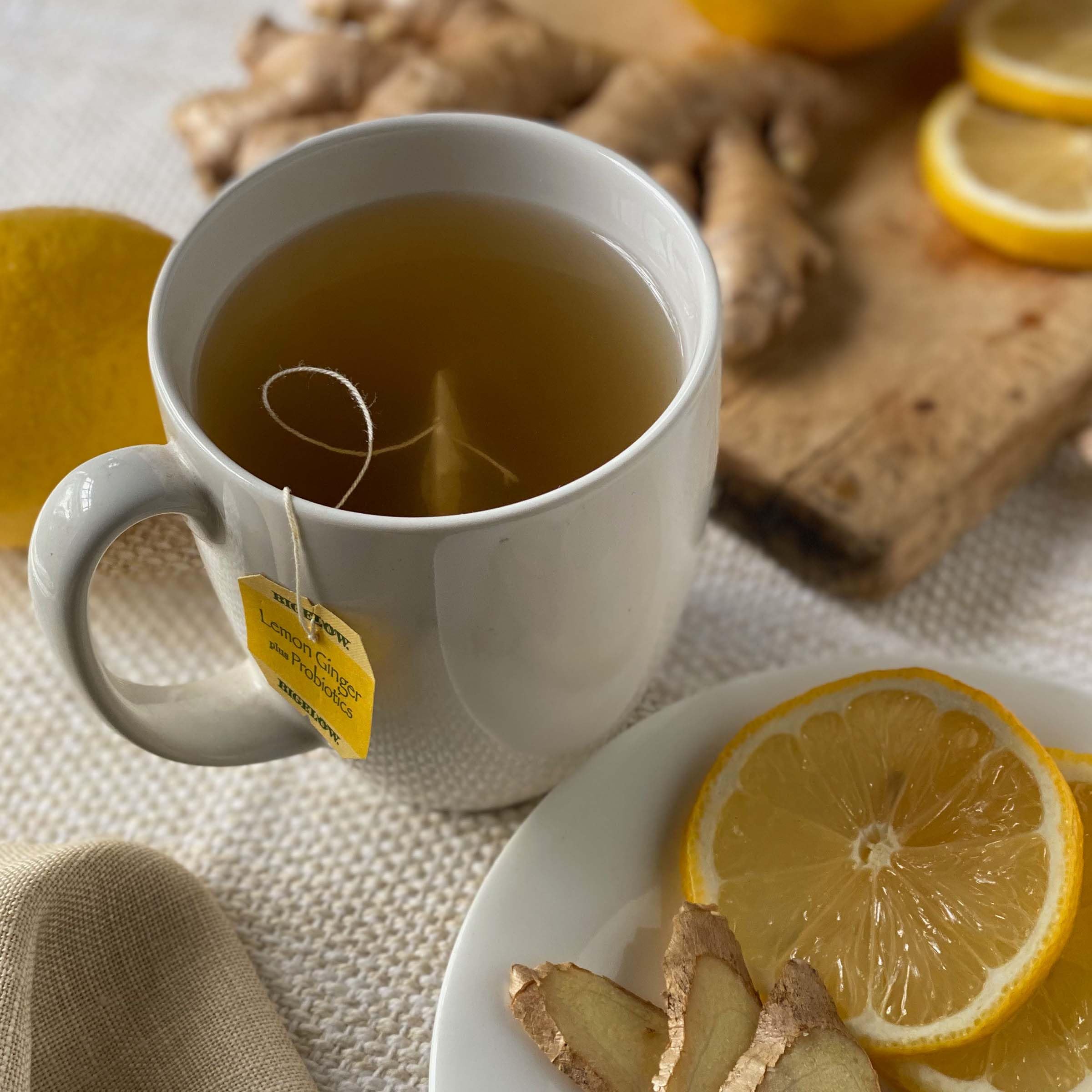 Bigelow Lemon Ginger Probiotics box showing individually wrapped sachets for on-the-go flavor