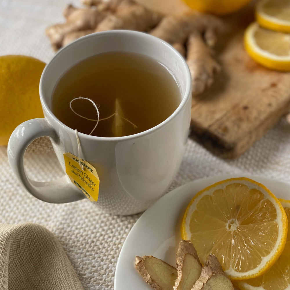 Bigelow Lemon Ginger Probiotics box showing individually wrapped sachets for on-the-go flavor