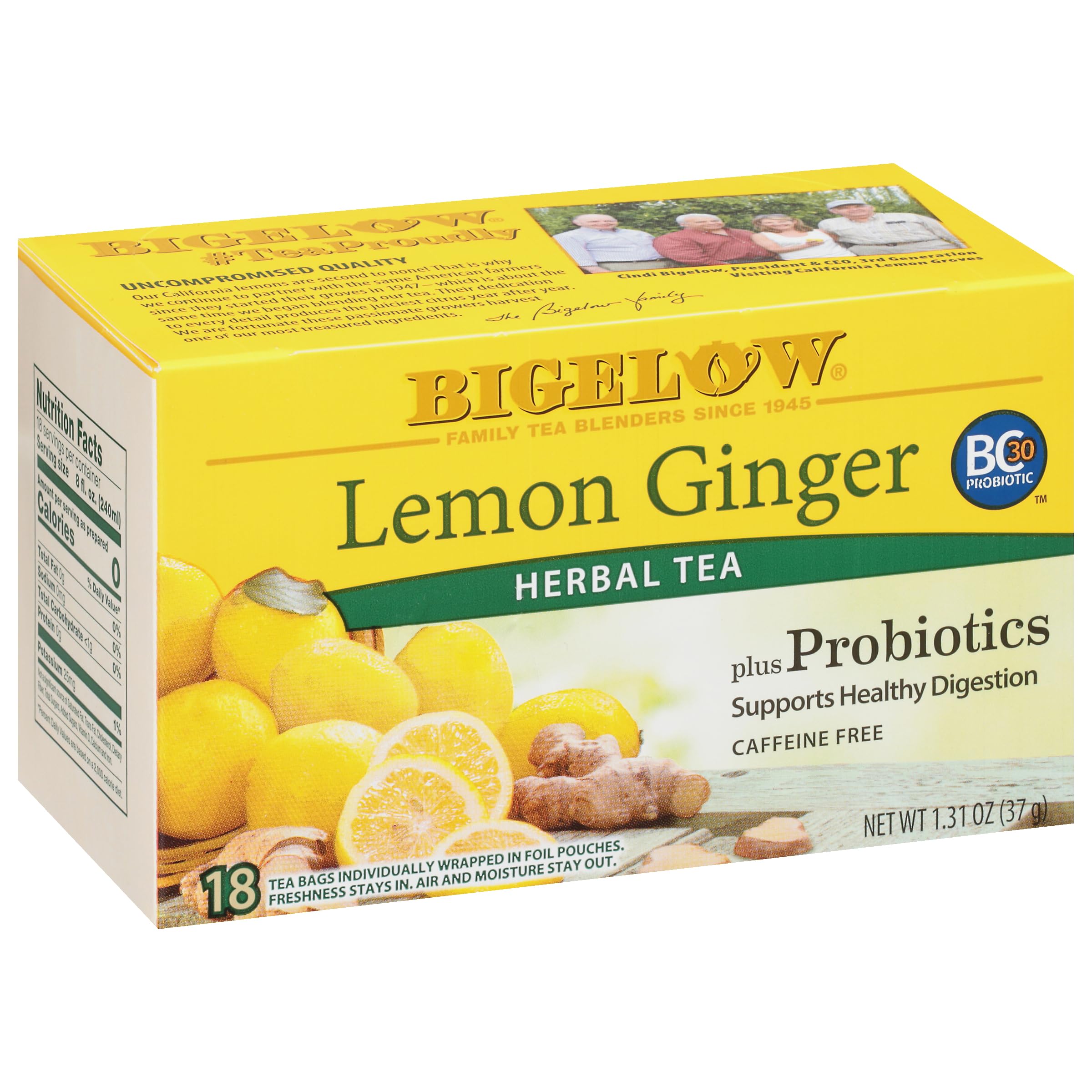 Bigelow Lemon Ginger Probiotics tea bags with bright aroma and caffeine-free sipping
