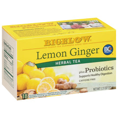 Bigelow Lemon Ginger Probiotics tea bags with bright aroma and caffeine-free sipping