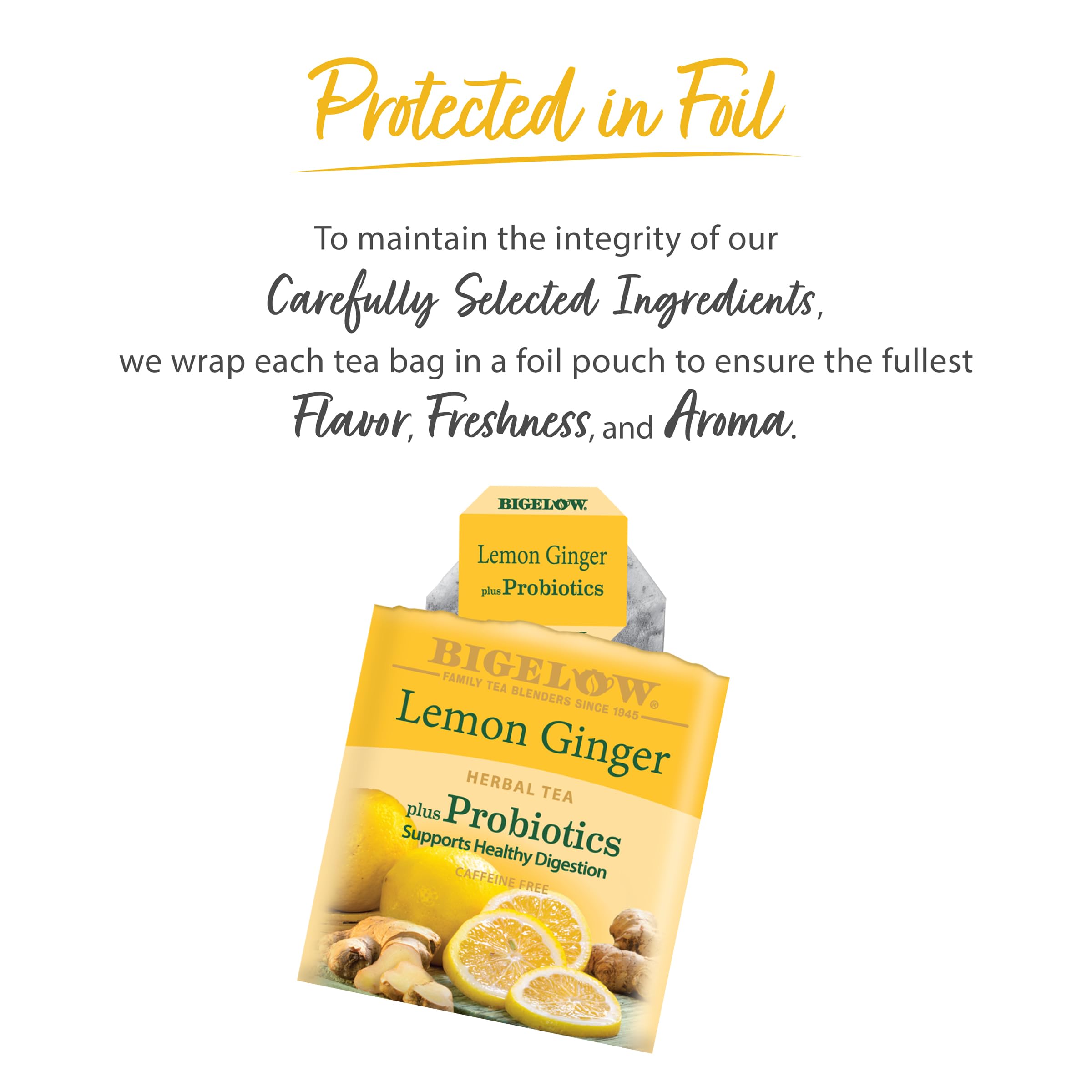 Close-up of a Bigelow tea bag highlighting lemon, ginger, and probiotic boost