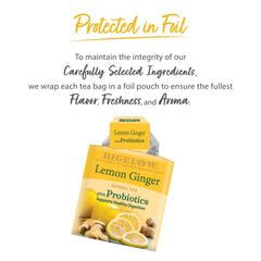 Close-up of a Bigelow tea bag highlighting lemon, ginger, and probiotic boost