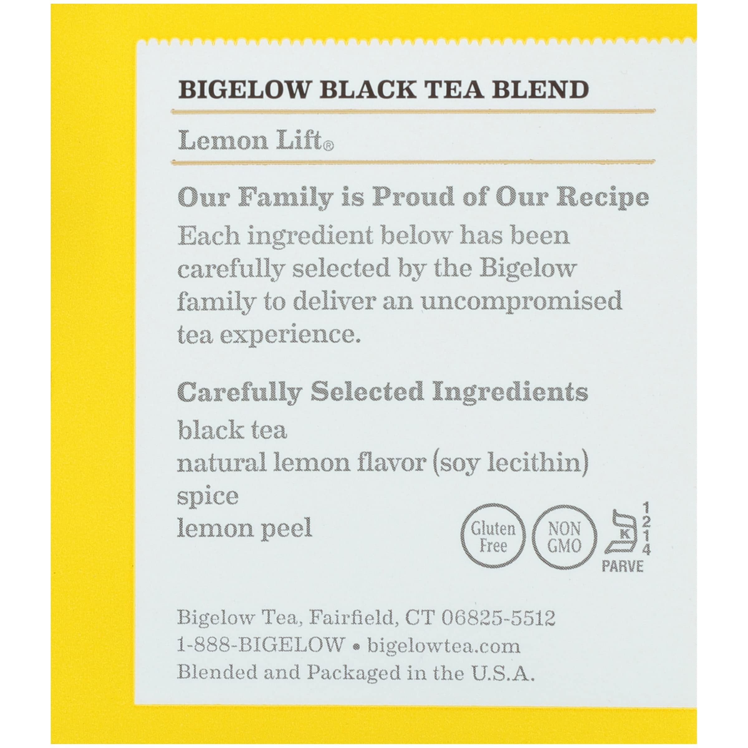 Bigelow Lemon Lift product label highlights kosher parve and calorie-free claims.