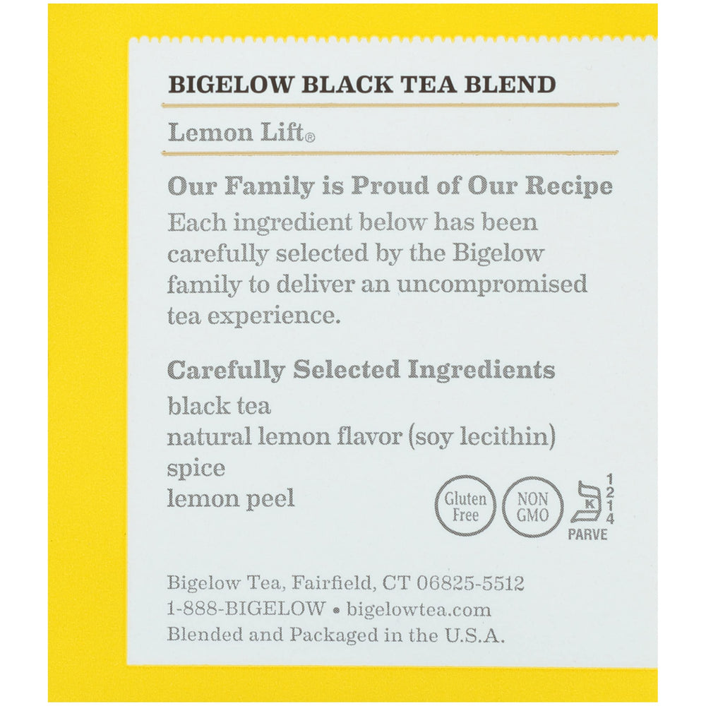 Bigelow Lemon Lift product label highlights kosher parve and calorie-free claims.