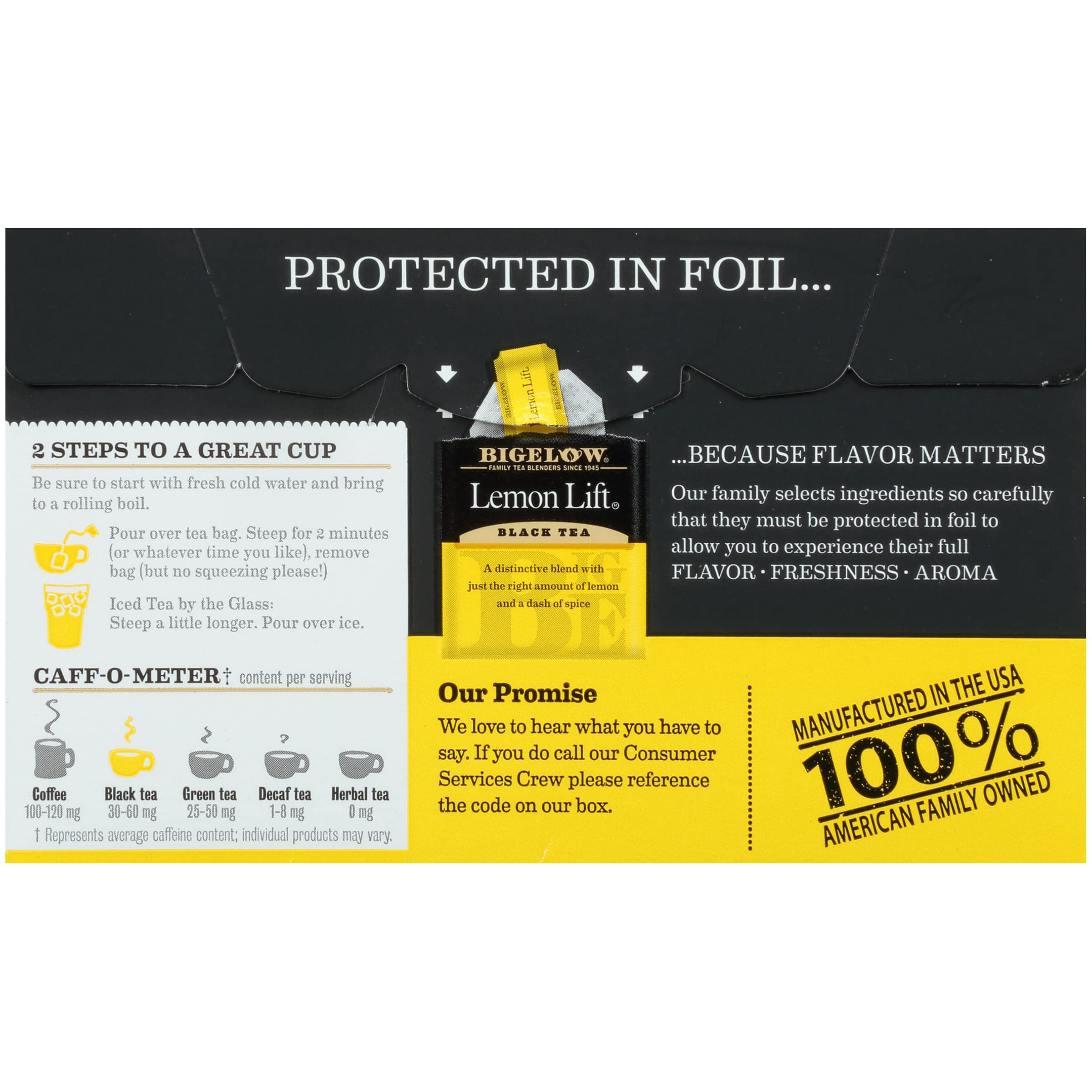 Bigelow Lemon Lift packaging emphasizes flavor protection and freshness.