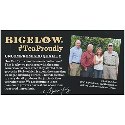 Bigelow Lemon Lift steeping scene showcases vibrant color release.