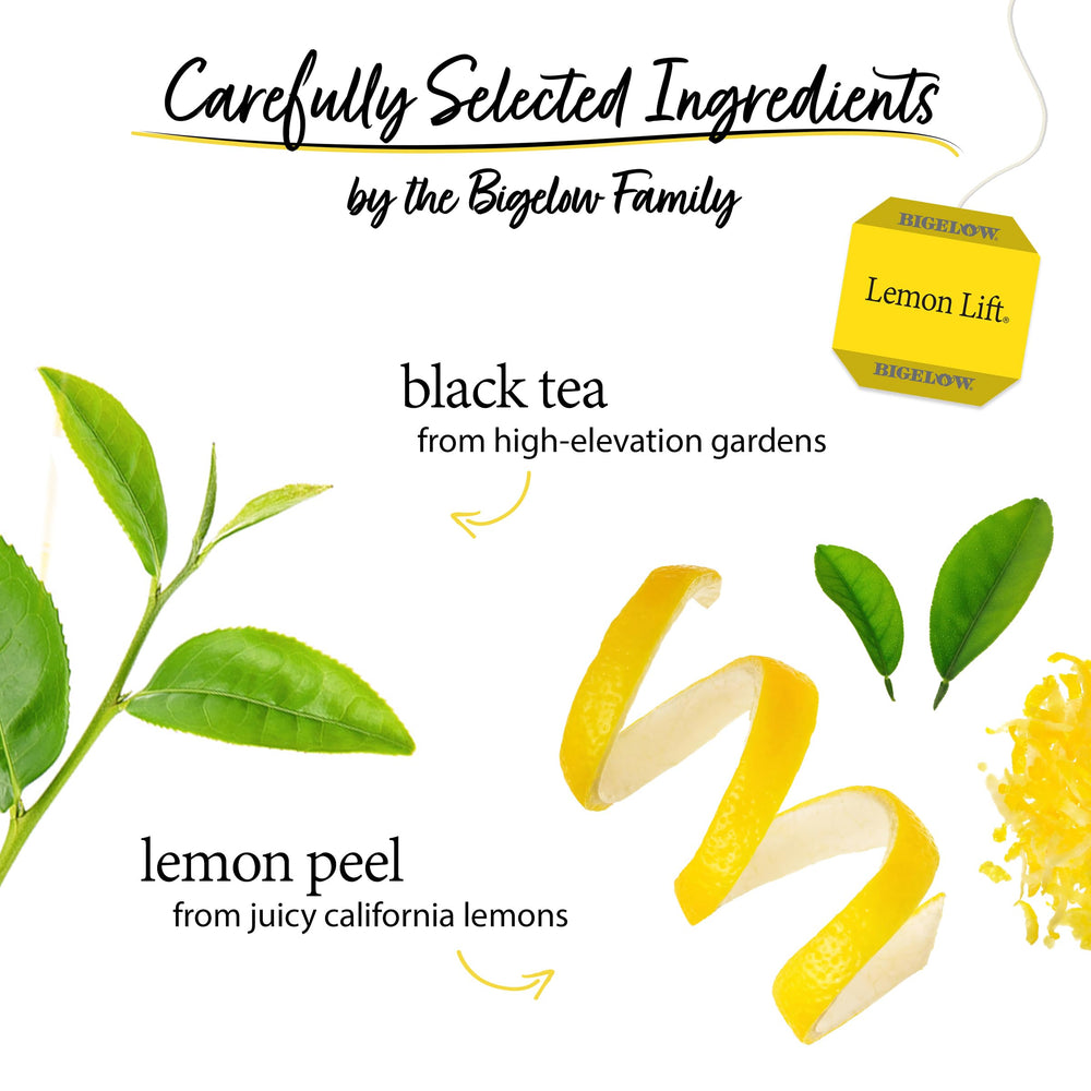 Bigelow Lemon Lift teabags wrapped in foil, preserving flavor and freshness.