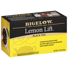 Bigelow Lemon Lift black tea teabags box, brightening mornings with citrus aroma.