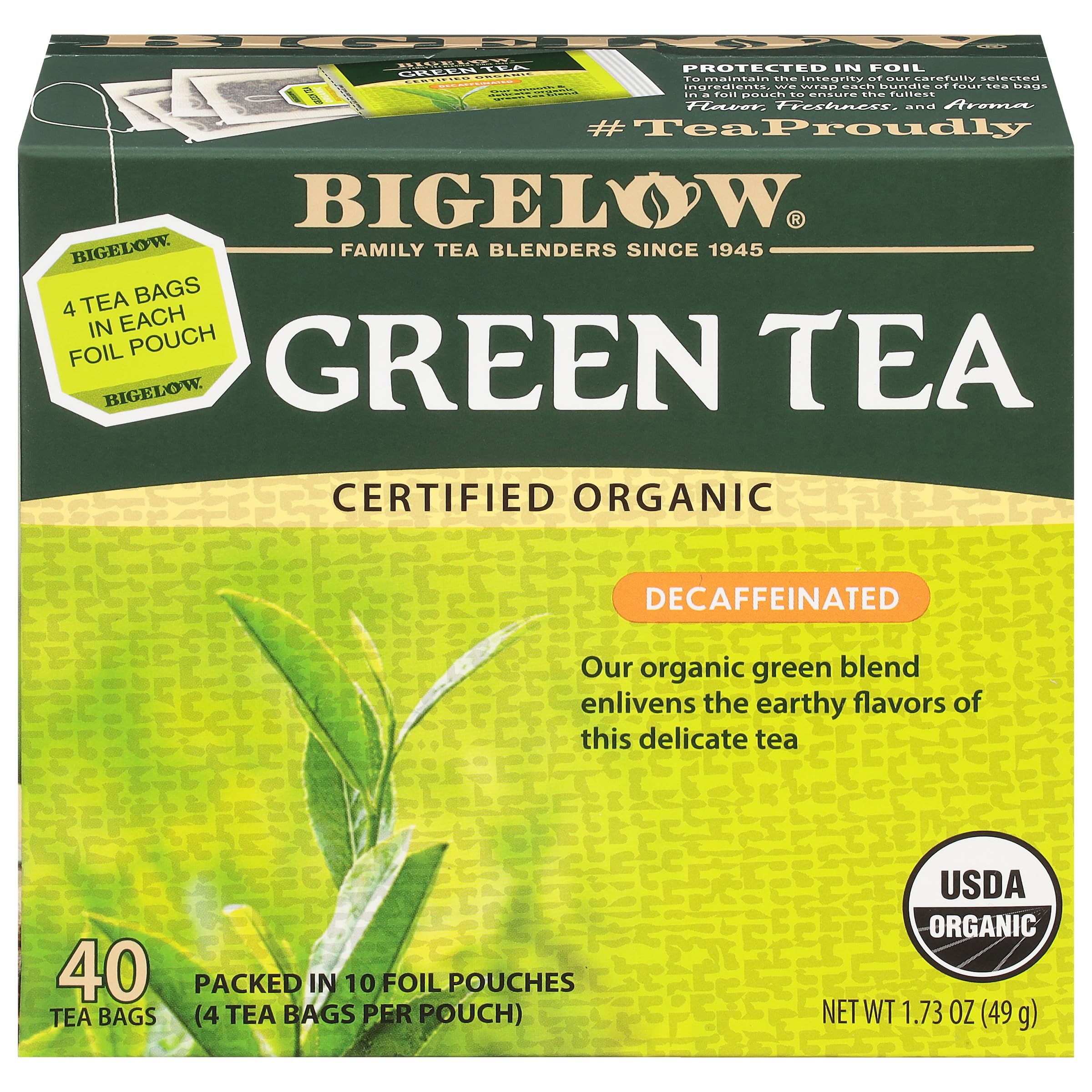 Bigelow Organic Decaffeinated Green Tea box with 40 bags for daily use