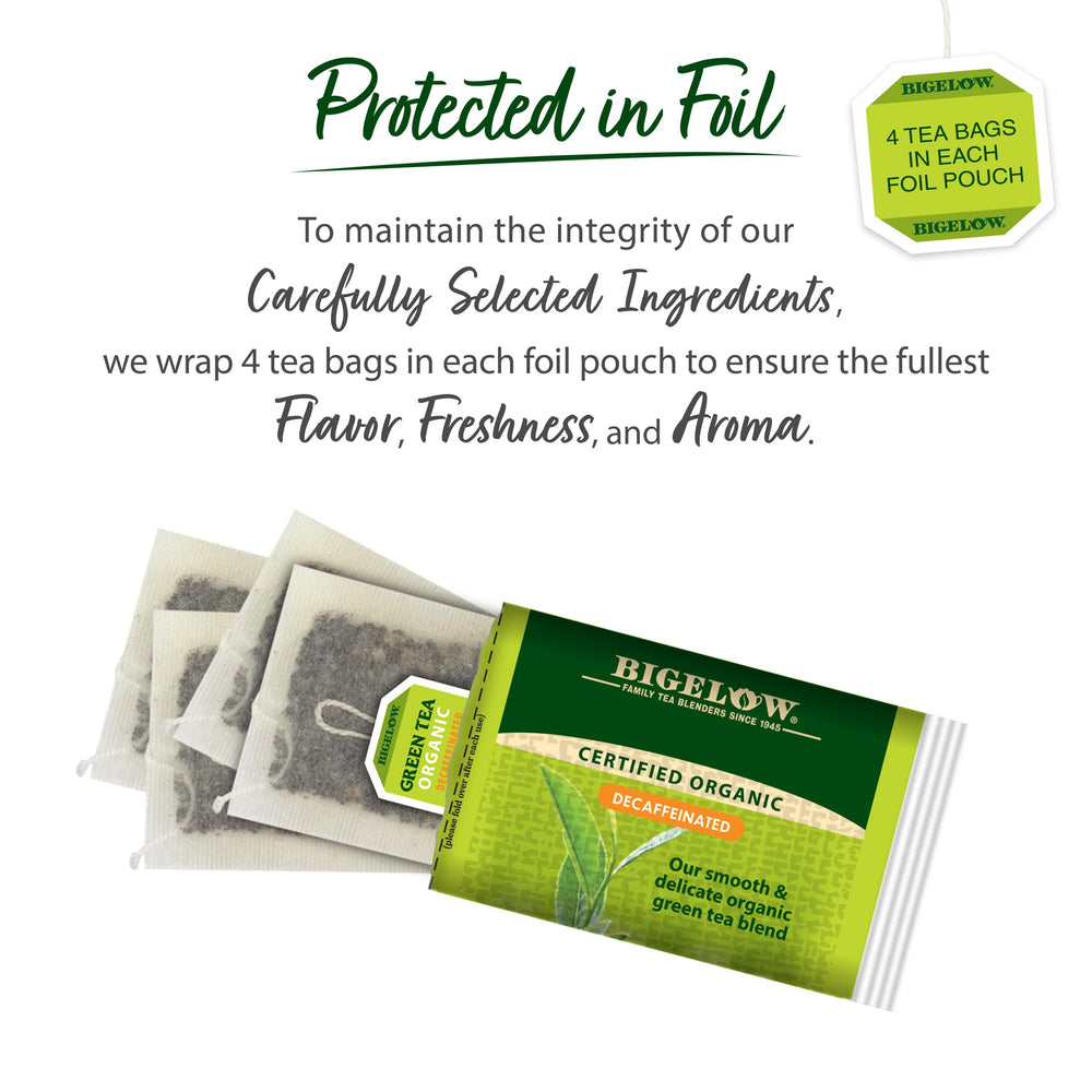 Close-up of Bigelow packaging highlighting organic certification