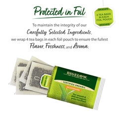 Close-up of Bigelow packaging highlighting organic certification