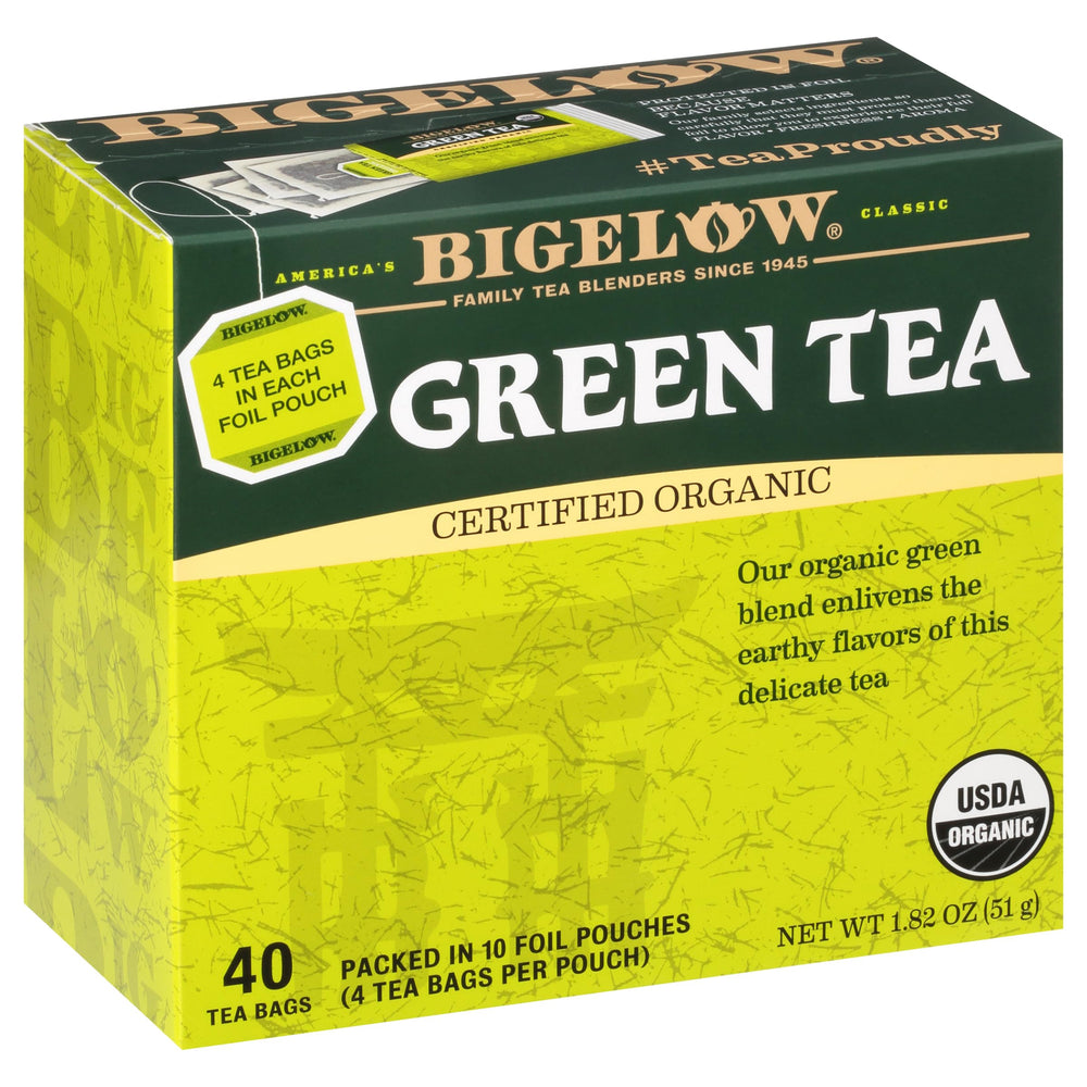 Bigelow Organic Green Tea bags in a 40-count box for daily caffeine