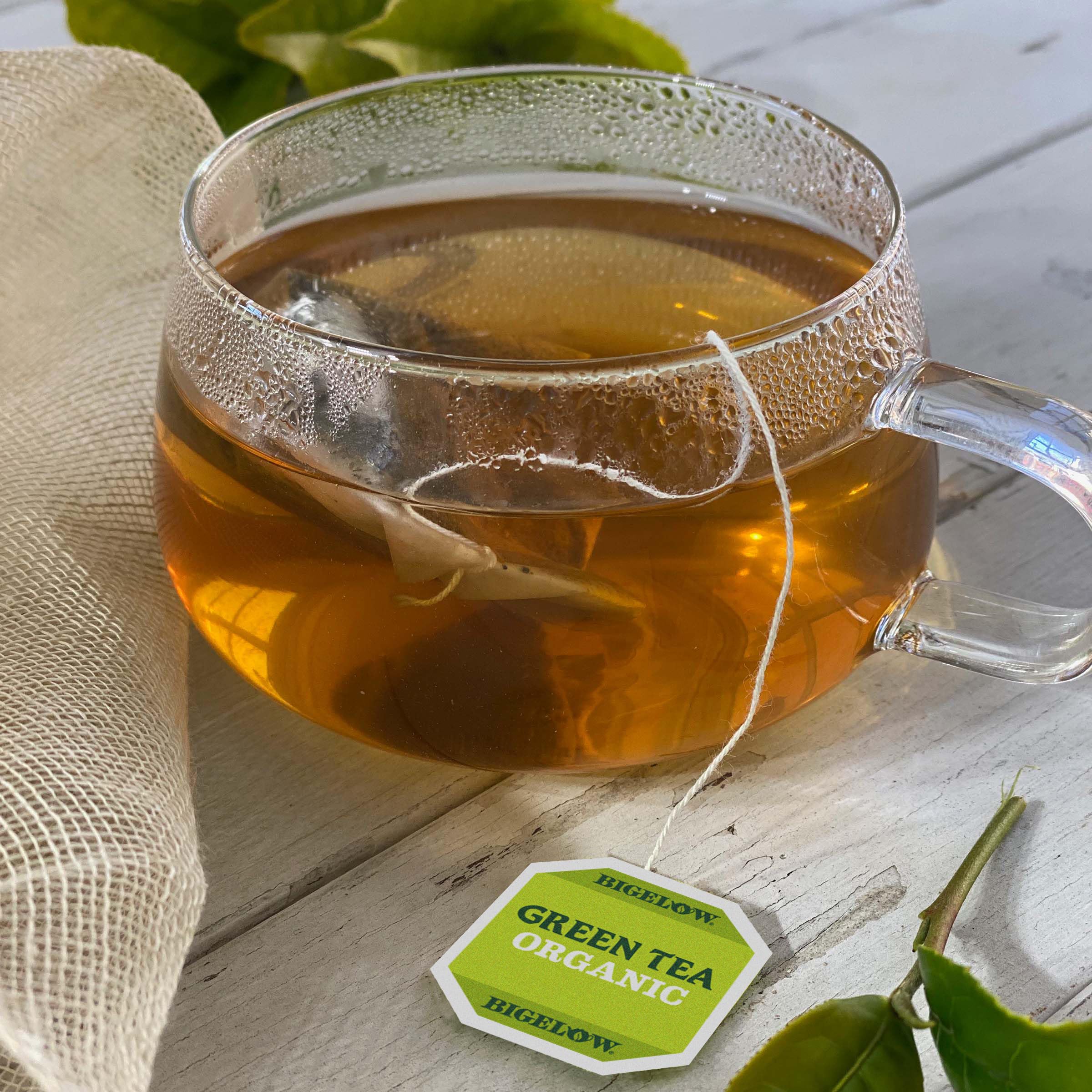 Bigelow Organic Green Tea bags individually wrapped to preserve freshness
