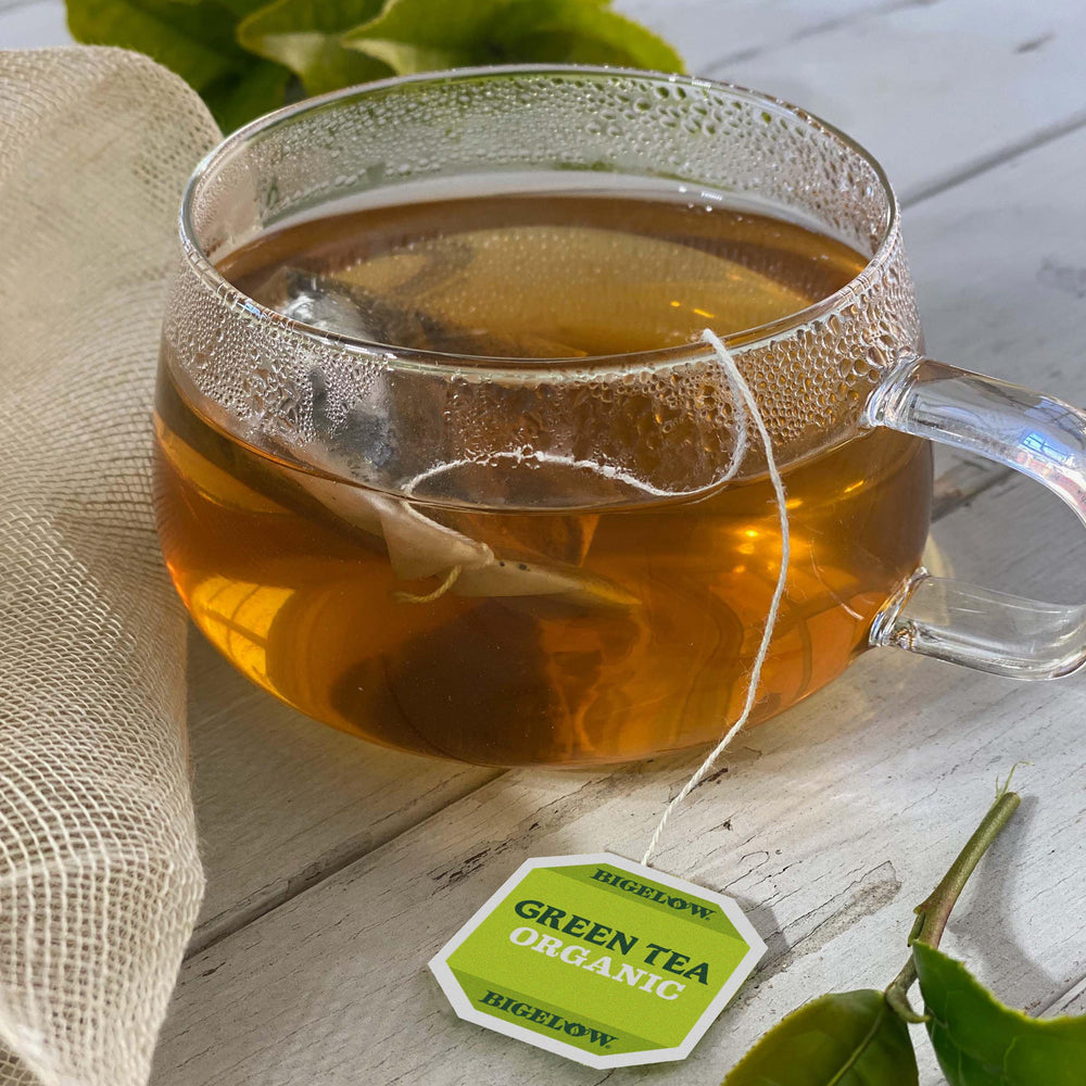 Bigelow Organic Green Tea bags individually wrapped to preserve freshness