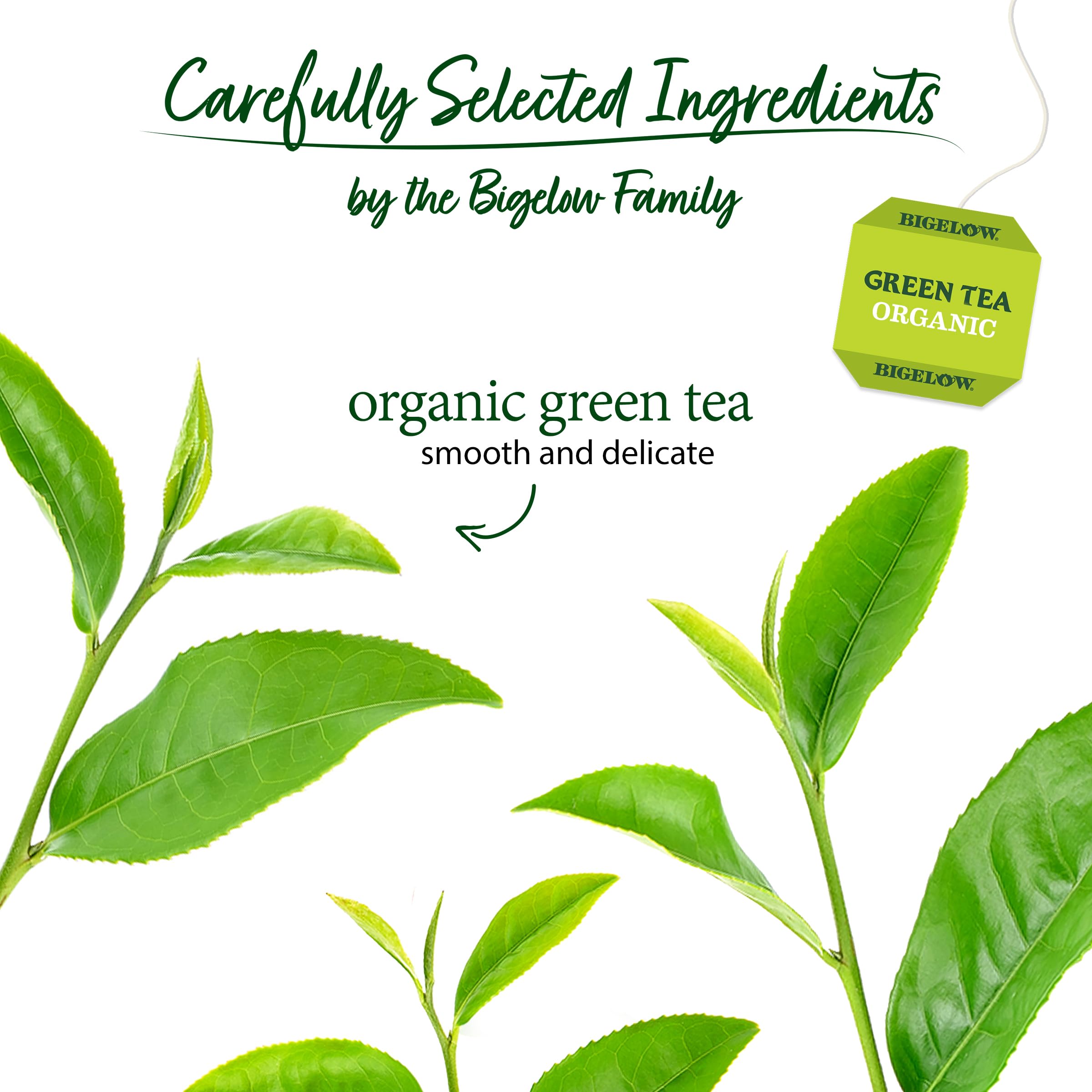 Bigelow Organic Green Tea box with brand label and organic certification