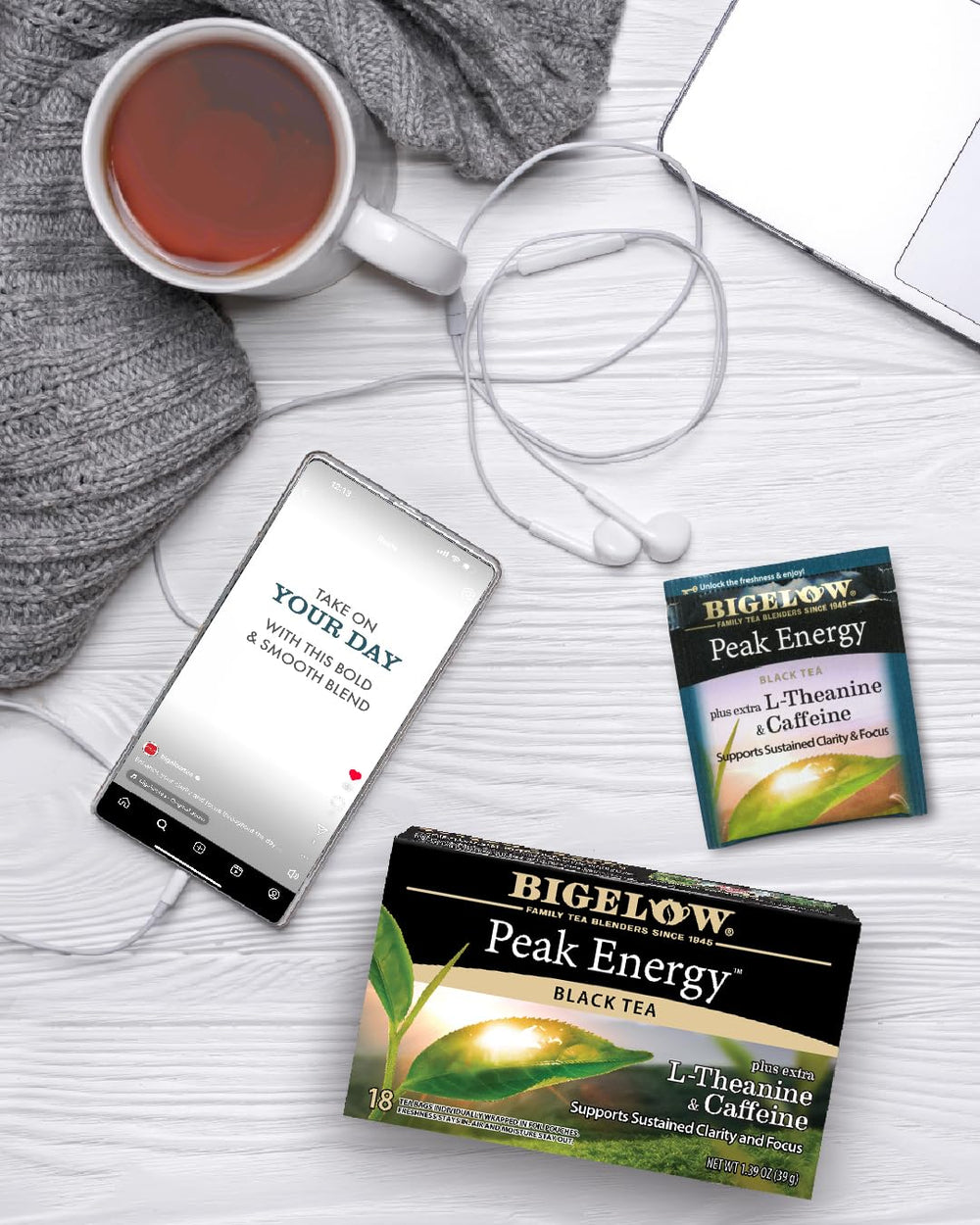 Bigelow Tea Peak Energy brand label visible on packaging.