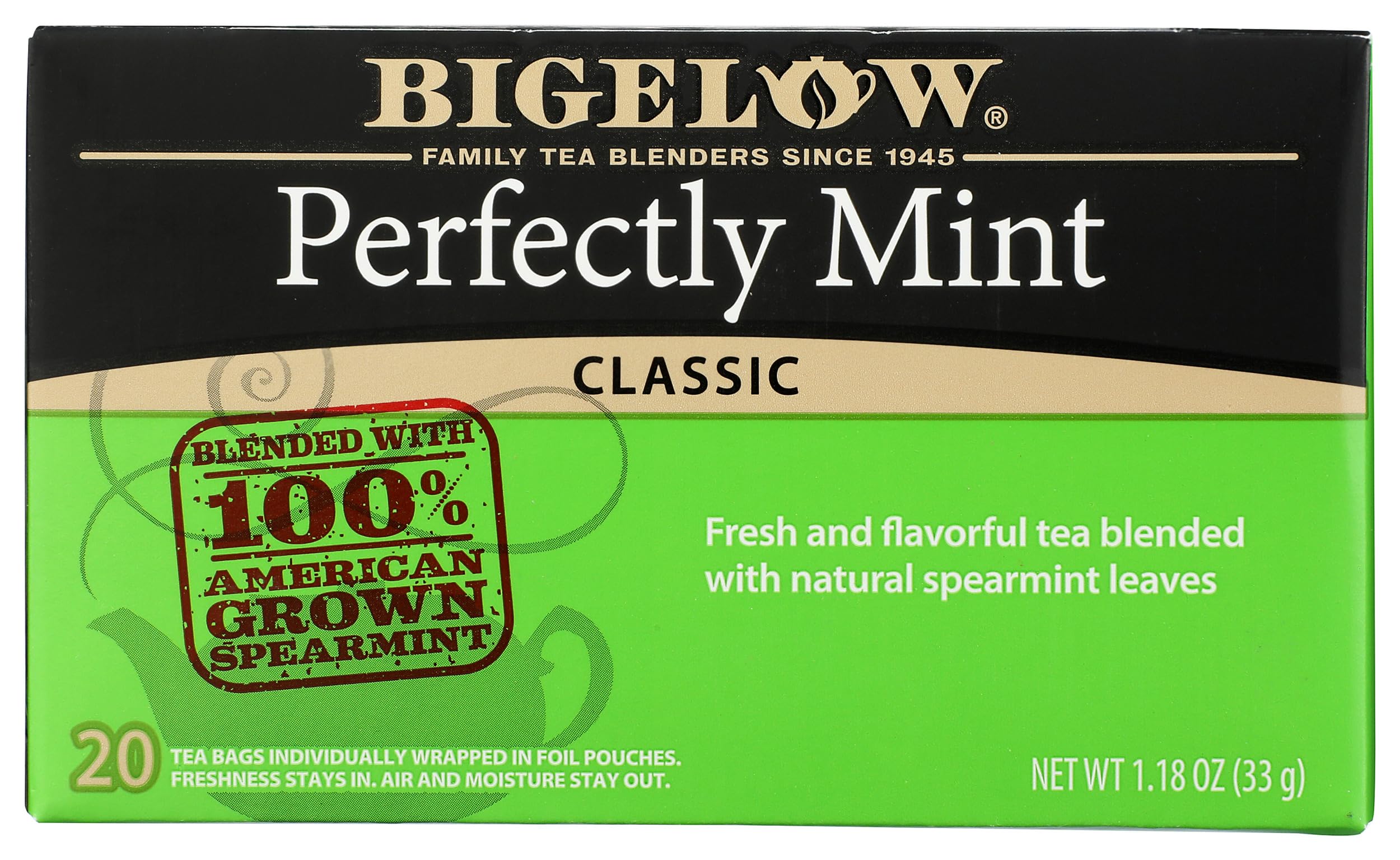 Bigelow Perfectly Mint Black Tea bags with mint aroma for a refreshing start