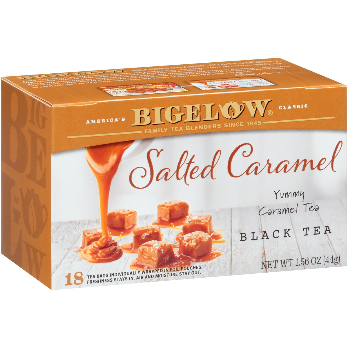 Bigelow Salted Caramel Black Tea box showing festive holiday packaging and flavor promise.