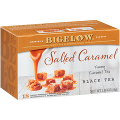 Bigelow Salted Caramel Black Tea box showing festive holiday packaging and flavor promise.