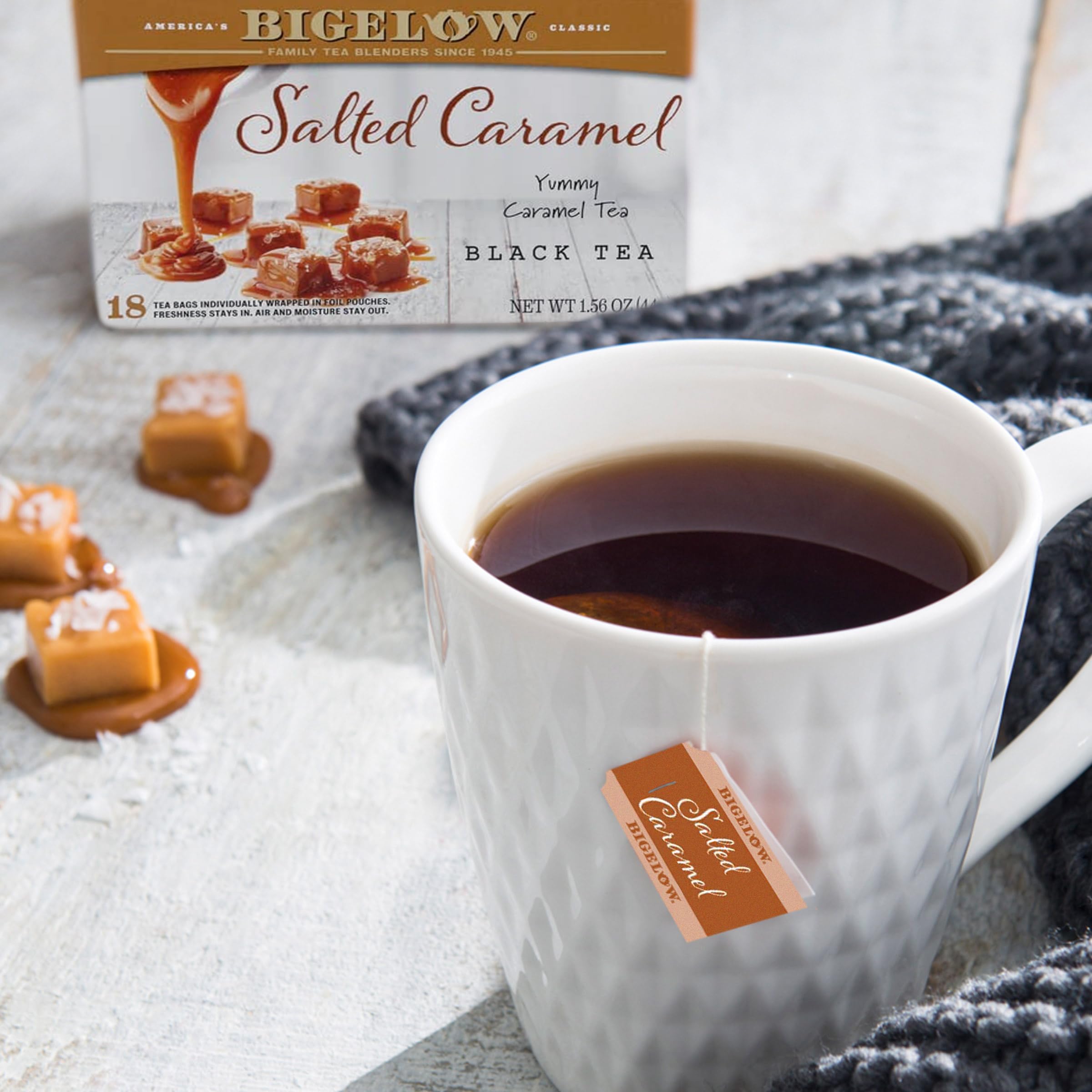 Bigelow Salted Caramel Black Tea cup steeping with inviting aroma and caramel notes.