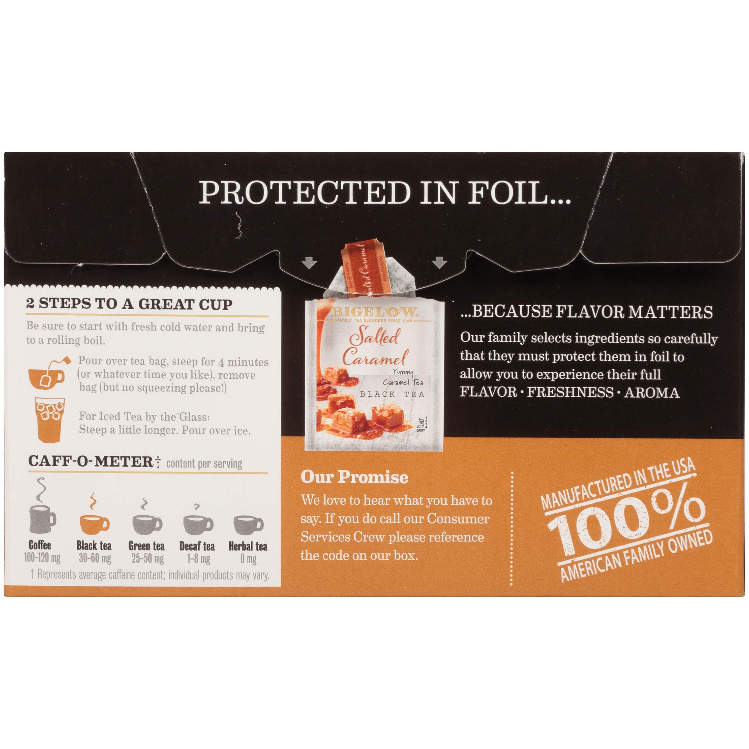 Bigelow Salted Caramel Black Tea kitchen-drawer favorite for quick morning warmth.