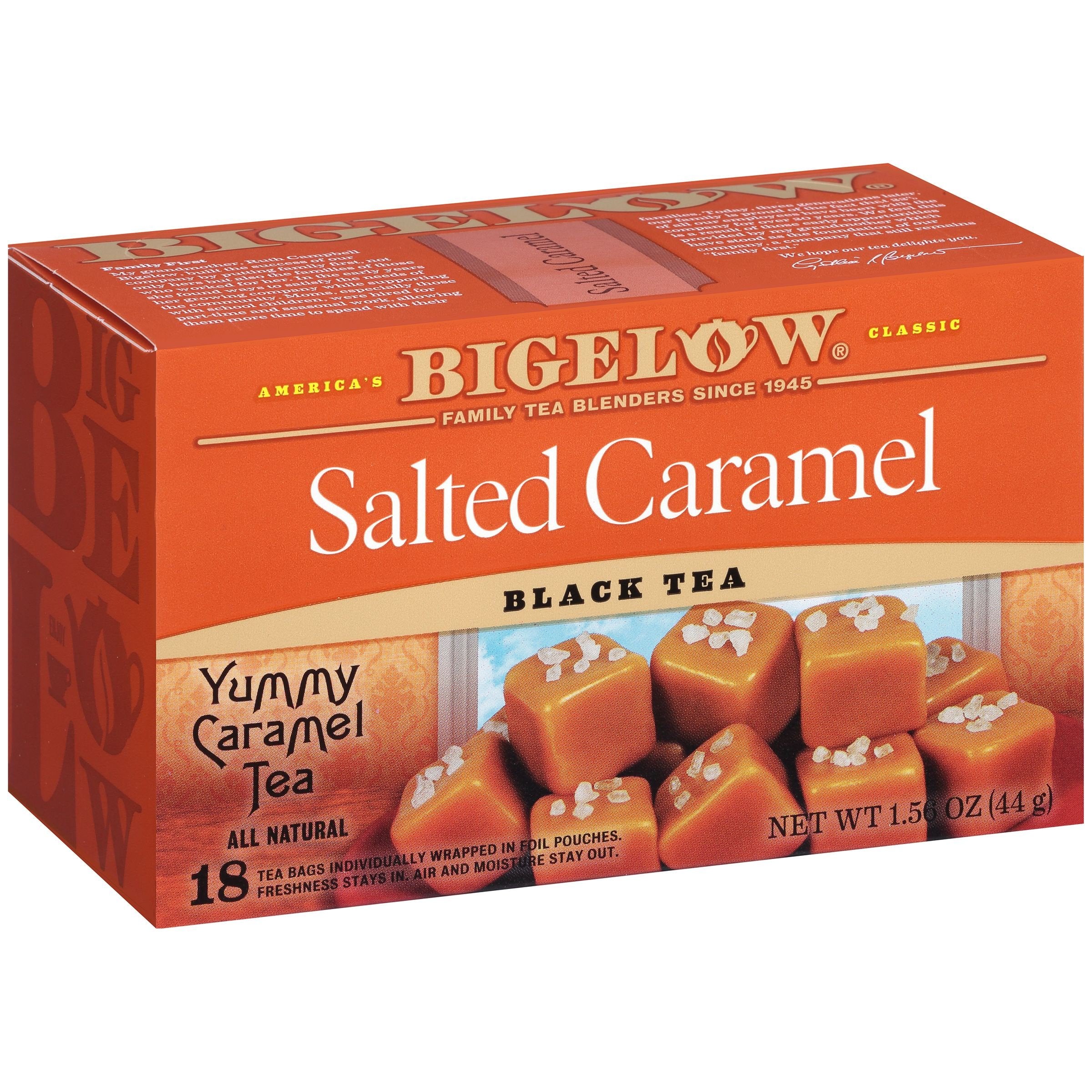 Bigelow Salted Caramel tea boxes on display inviting a cozy afternoon ritual.