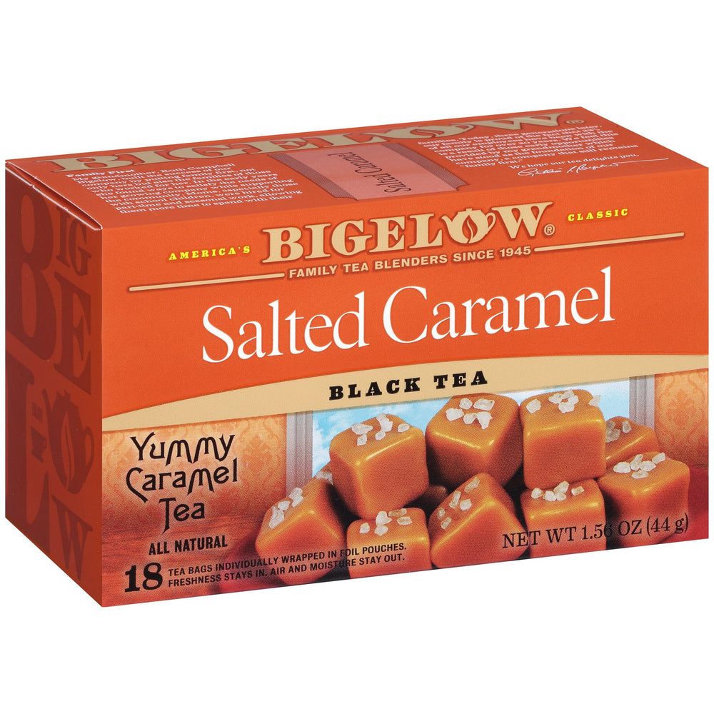Bigelow Salted Caramel tea boxes on display inviting a cozy afternoon ritual.