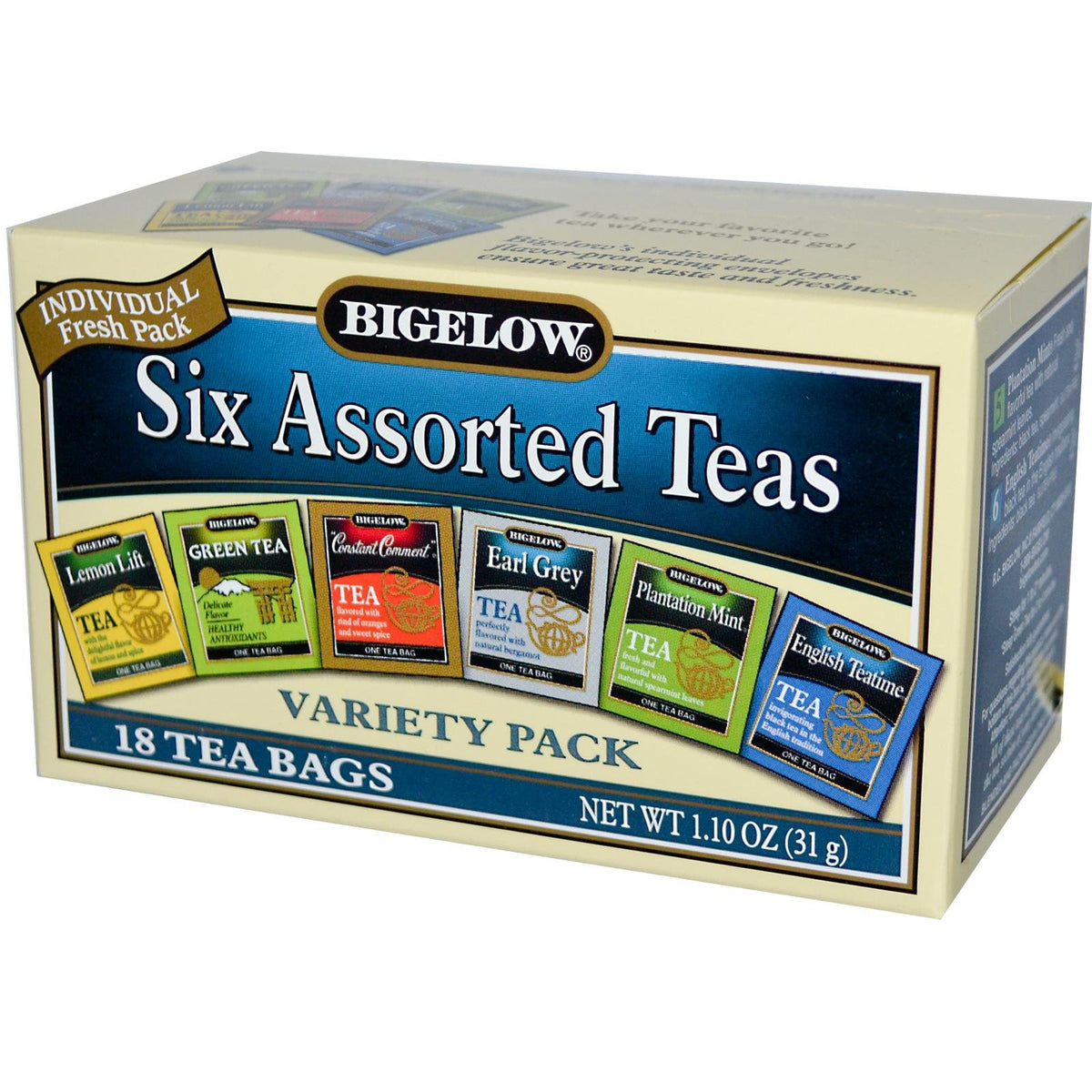 Bigelow Tea six assorted tea variety pack front packaging, ideal for home use.