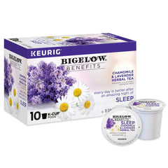 Bigelow Tea Sleep Chamomile and Lavender K-Cup pods box for convenient caffeine-free nights.
