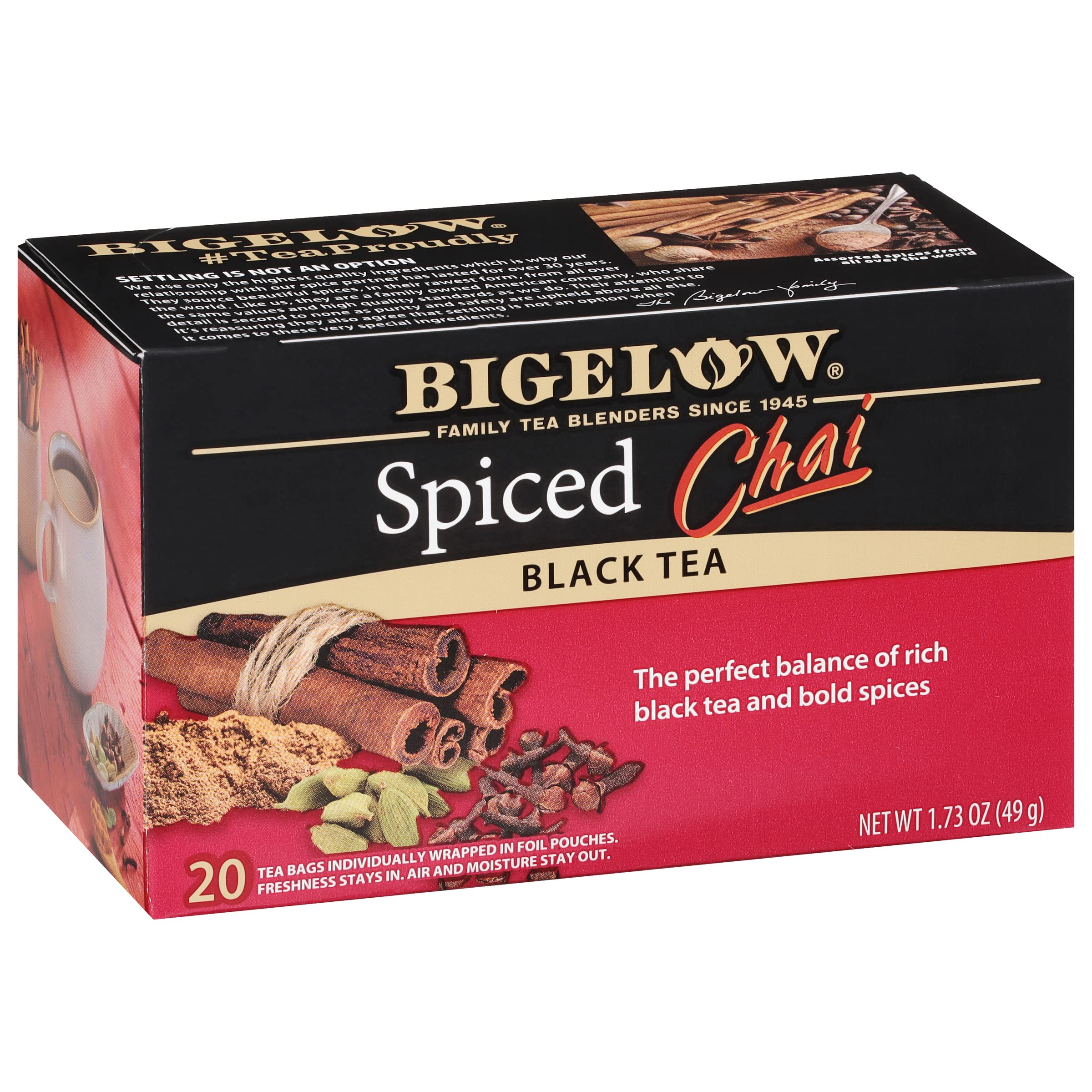 Bigelow Spiced Chai tea bags in foil packaging for peak freshness.