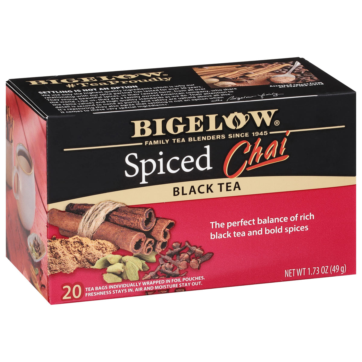 Bigelow Spiced Chai tea bags in foil packaging for peak freshness.