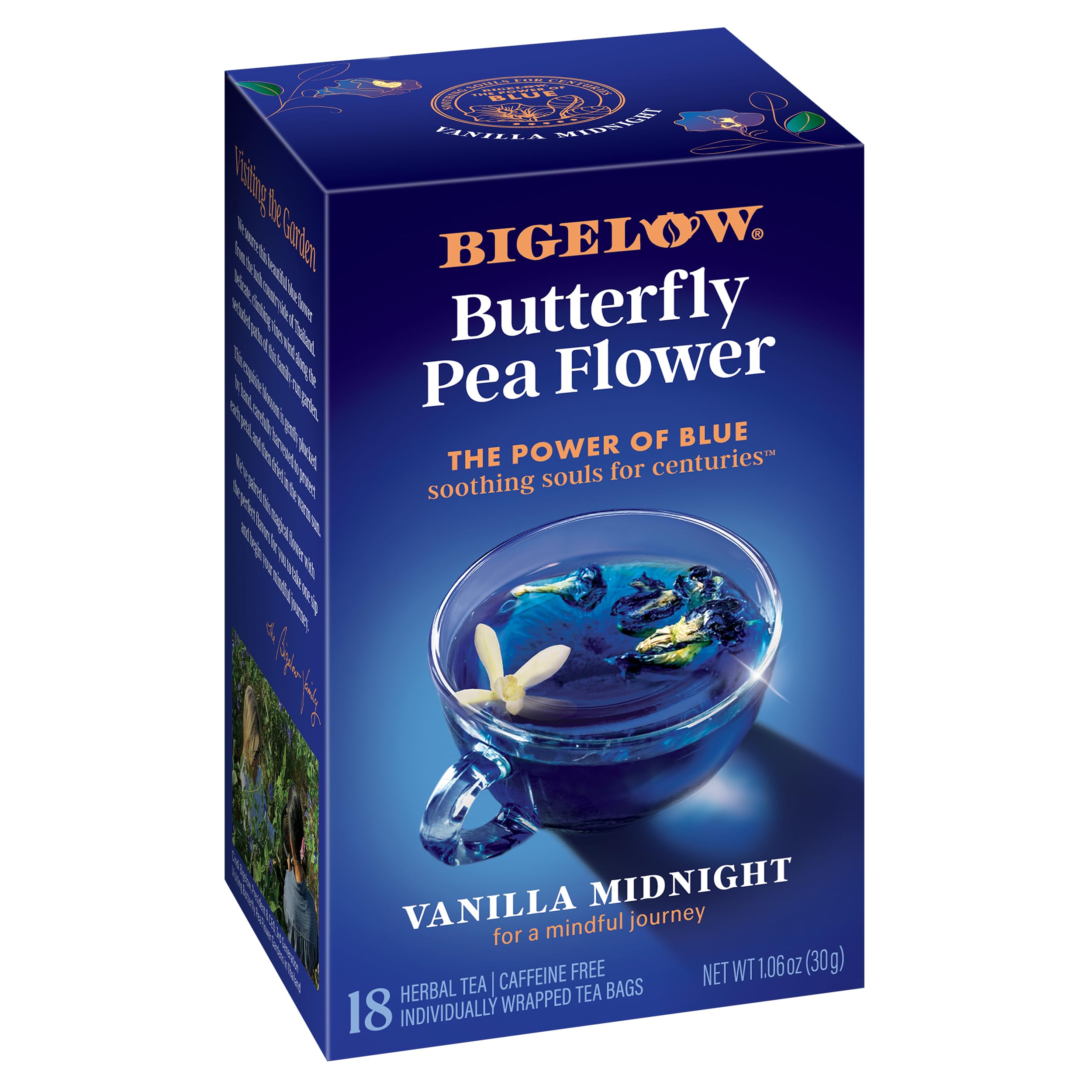 Bigelow Vanilla Midnight Butterfly Pea Tea bag ready to brew for a calming moment