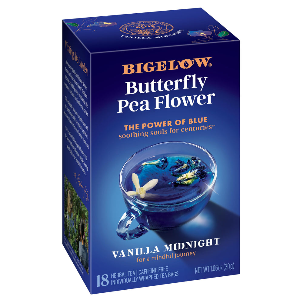 Bigelow Vanilla Midnight Butterfly Pea Tea bag ready to brew for a calming moment