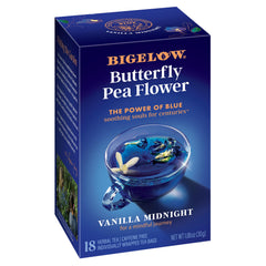 Bigelow Vanilla Midnight Butterfly Pea Tea bag ready to brew for a calming moment
