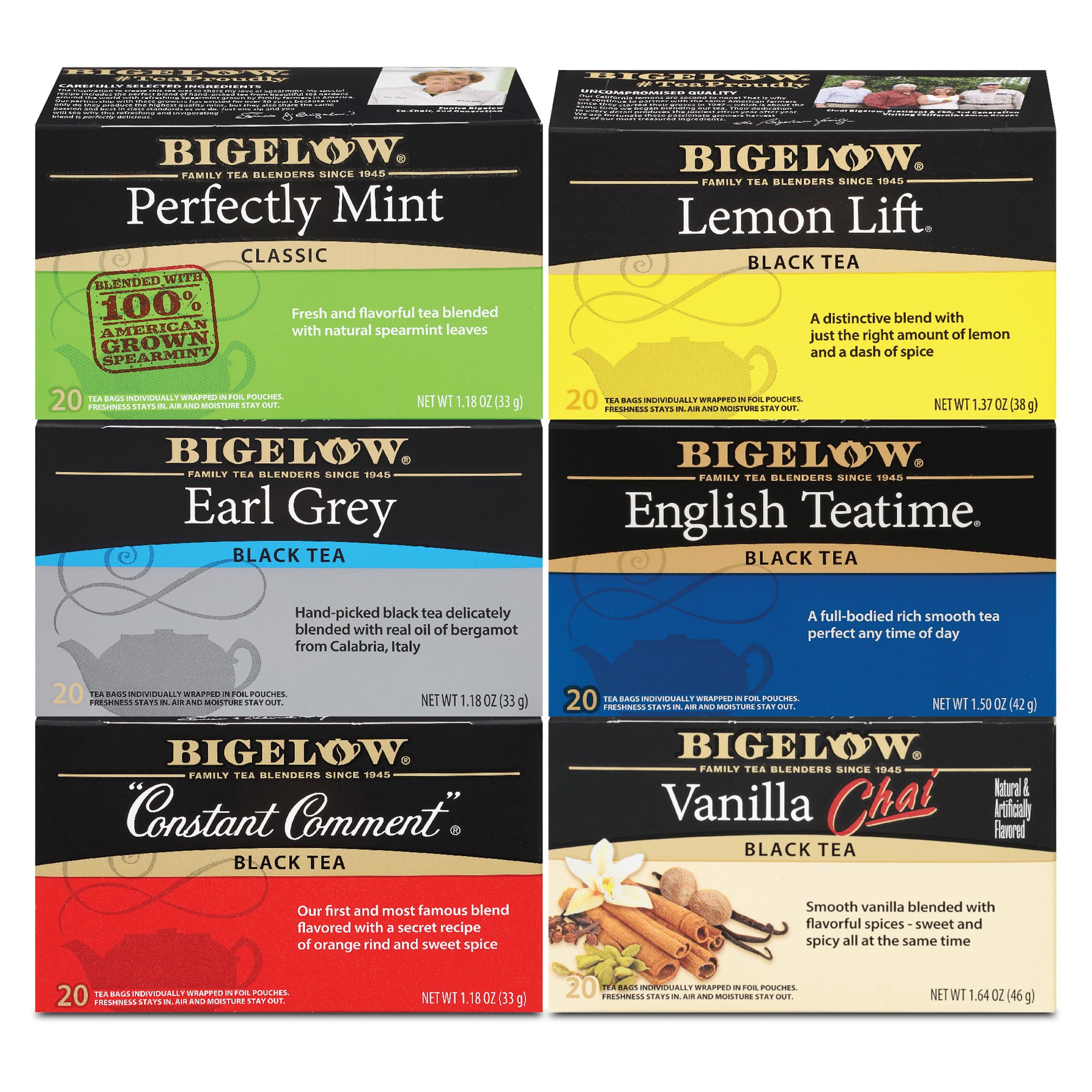 Bigelow Tea variety-pack box with six caffeinated blends for daily tasting.