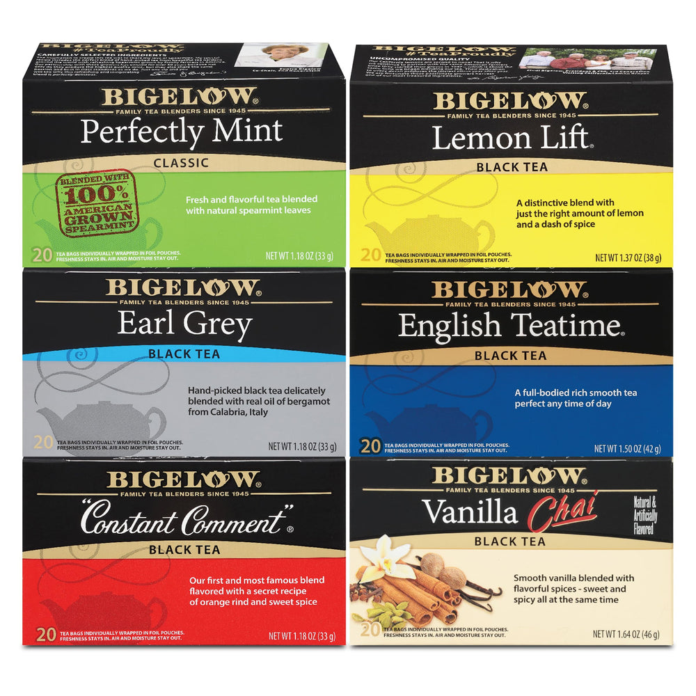 Bigelow Tea variety-pack box with six caffeinated blends for daily tasting.
