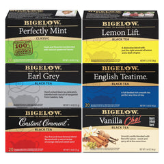 Bigelow Tea variety-pack box with six caffeinated blends for daily tasting.